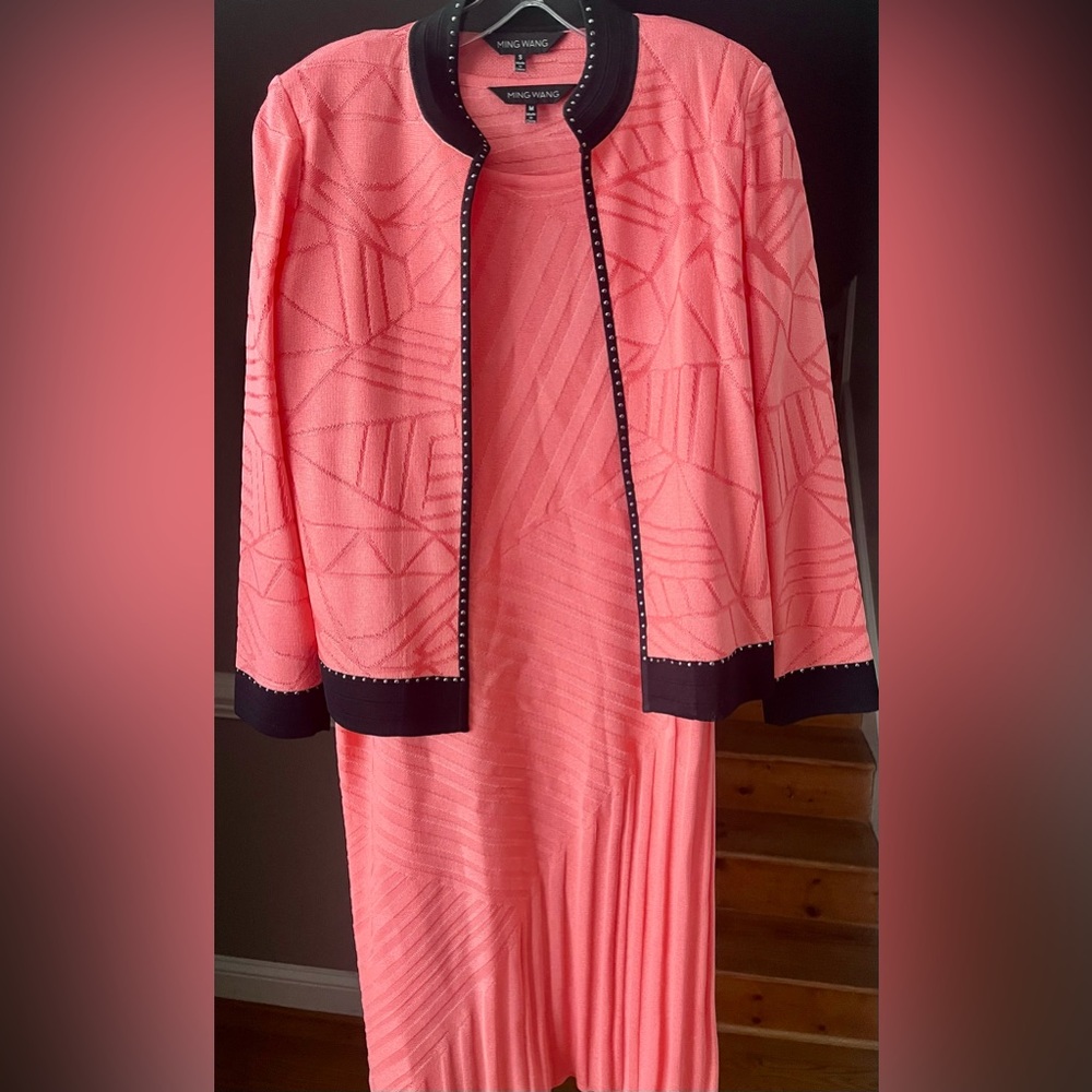 Ming Wang Coral Knit Dress with Black Studded Trim